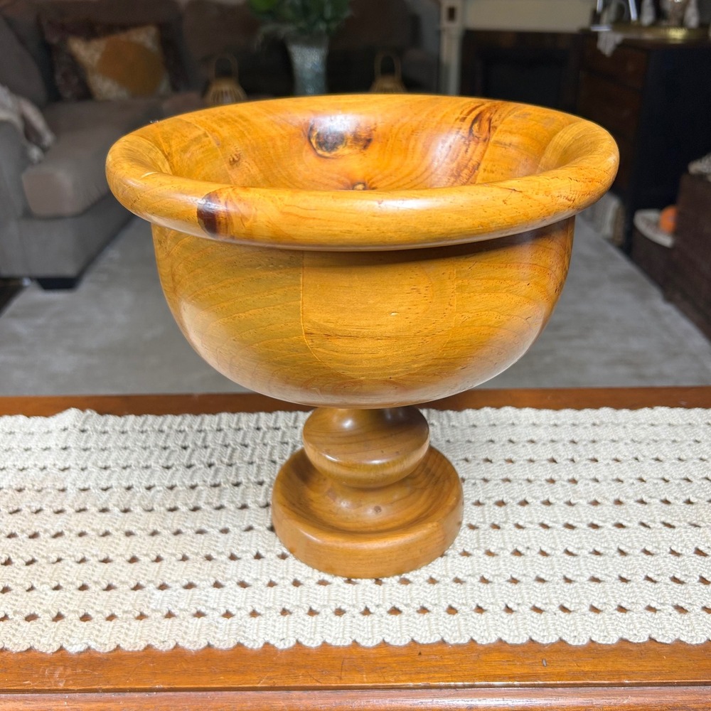 Vintage Handcrafted Wooden Pedestal Bowl Footed Compote Centerpiece Honey Finish